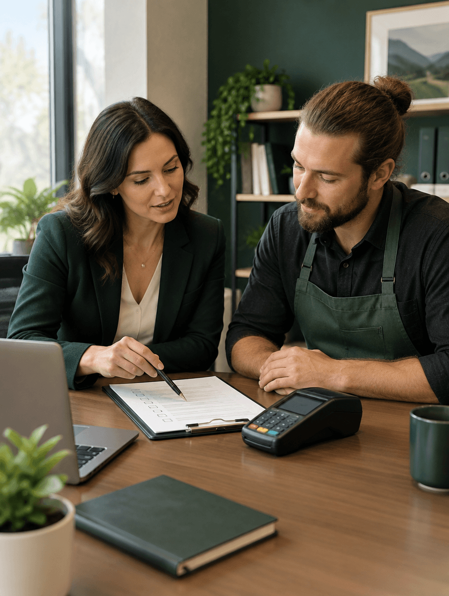 A payments specialist walking a business owner through an onboarding checklist